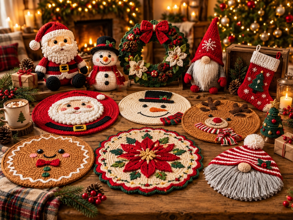 Colección navideña de crochet con adornos y manteles tejidos